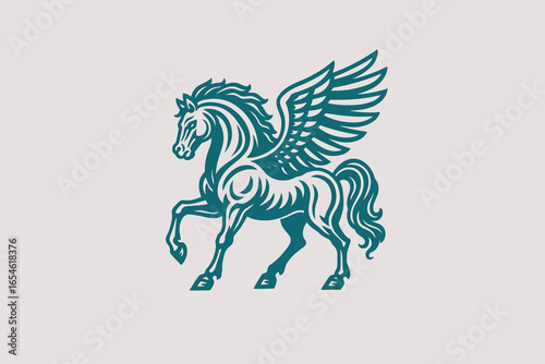 Winged horse Pegasus engraving style black on white vector illustration