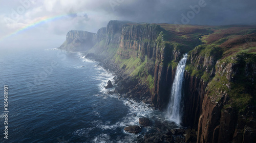 Majestic Waterfall Cascading into Ocean from Dramatic Cliffs