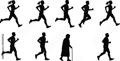 Silhouettes of running and walking people, fitness journey, active lifestyle, health, movement, aging, wellness, exercise, activity