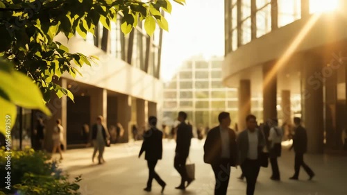 People walking in a modern urban plaza surrounded by greenery and sunlight, creating a vibrant atmosphere