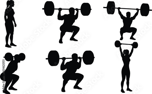 Weightlifting exercise silhouettes, strength training workout, gym fitness routine, barbell squats, bodybuilding, muscle building illustration, powerlifting graphic