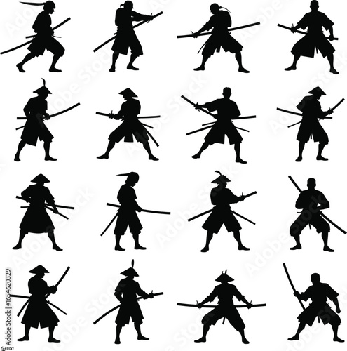 Samurai warrior silhouettes action poses collection