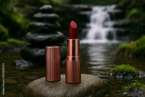 Luxury lipstick elegance meets serene nature with cascading waterfall backdrop and stacked stones