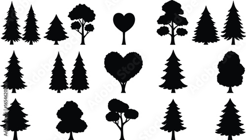 Variety of tree silhouettes, nature elements, forest shapes, botanical design, isolated vector, landscape art, decorative foliage