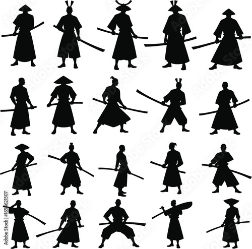 Samurai silhouettes diverse poses weaponry collection