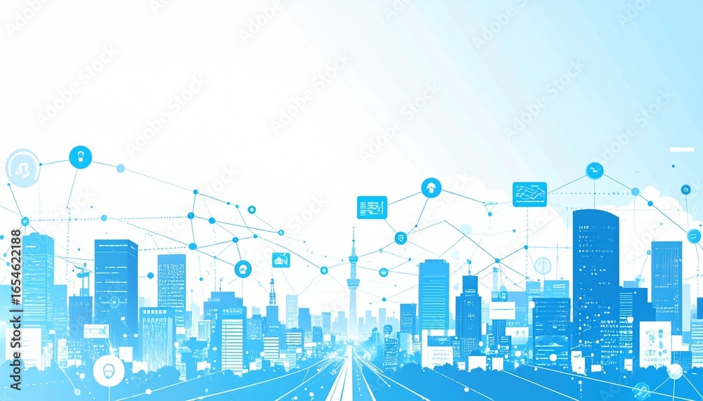 Fototapeta premium Cityscape connects with digital network in futuristic urban environment showing modern communication and technology advancements.