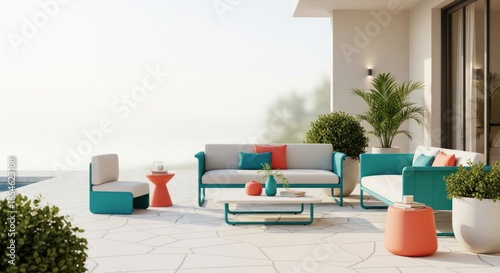 Modern Outdoor Lounge Space Featuring Comfortable Seating, Colorful Cushions, Elegant Table, Potted Plants, and a Calm Atmosphere by a Swimming Pool