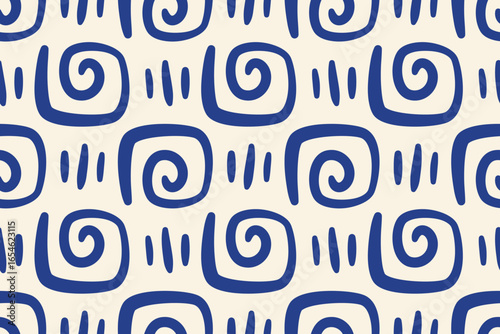 La dolce vita Wallpaper. Hand drawn mosaic design with spirals. Abstract Mediterranean Seamless pattern. Portuguese tiles. Italian ornament. Vector illustration for textile, interior, branding, prints