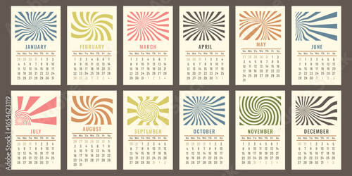 Vertical Calendar 2026 in retro style by 60s, 80s, 70s. Groovy spiral rays, distorted pattern. Printable monthly planner for wall or desk. Sunday start. Vintage template. Vector	
