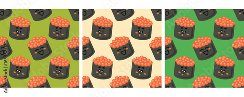 Set of Cute kawaii sushi seamless pattern. Comic smiling rolls. Japanese nigiri sushi rolls with different emotions. Traditional Asian food. Vector flat illustration for menu, textile, wallpaper