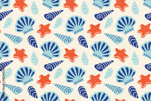 Marine Seamless pattern. Decorative nautical wallpaper with starfish, seashell, conch, scallop, oyster, mussel, spiral shell. Hand drawn doodle sea and Ocean elements. Mediterranean wallpaper. Vector