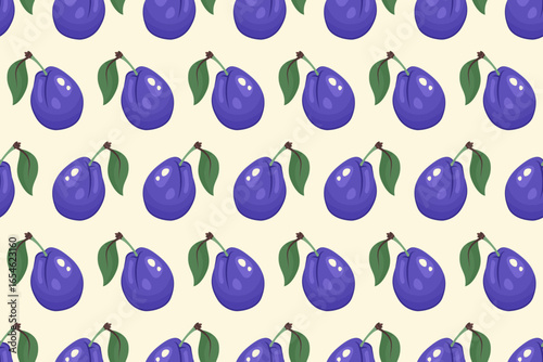 Fruit Seamless pattern. Plum background. Whole Ripe plums with leaves. Repeatable texture with fresh juicy vitamin. Vector illustration for packaging, print, fresh organic food, eco product