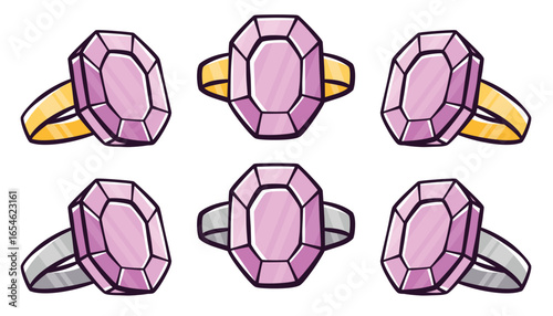 Brilliant jewellery Set. Golden and silvery rings icons. Vintage brilliant gold jewelry. Silver ring with pink diamond isolated. Luxury bijouterie. Vector for jewelry shop, marriage, gift