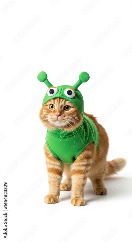 Naklejka premium cat dressed in a green alien costume, Funny extraterrestrial Halloween costume, white background