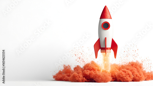 Red and white rocket launching with orange smoke explosion