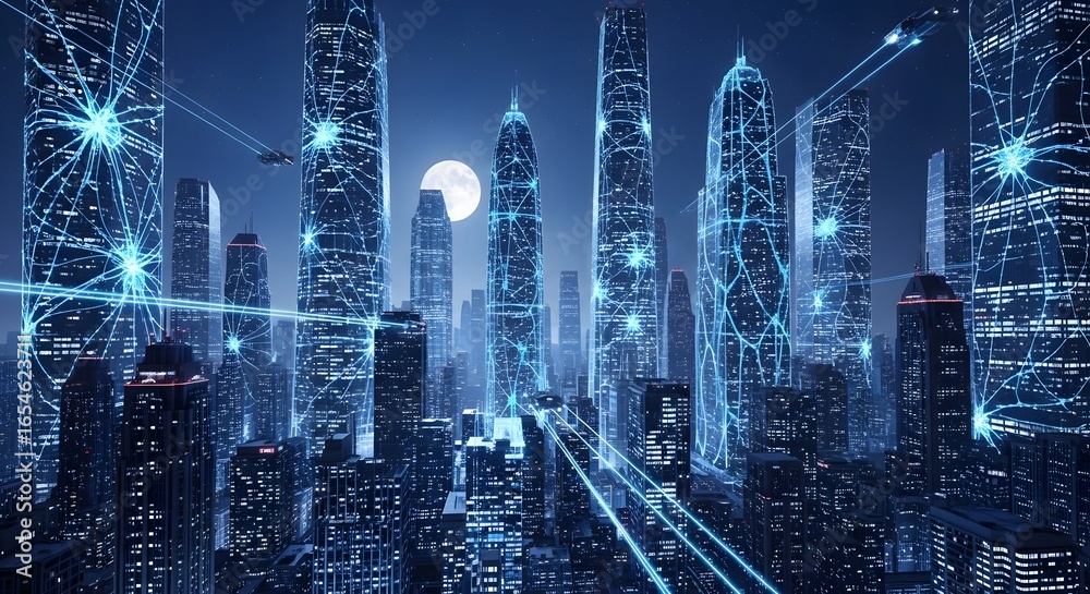 Fototapeta premium Futuristic Cityscape Networked Metropolis at Night.