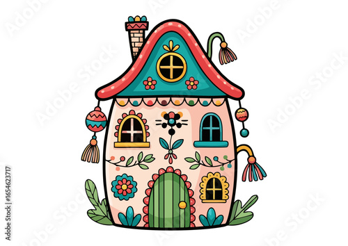 Colorful illustrated house decorated with floral patterns and ornaments 