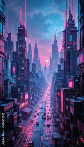 A neon-outlined cityscape blending ’80s sci-fi aesthetic