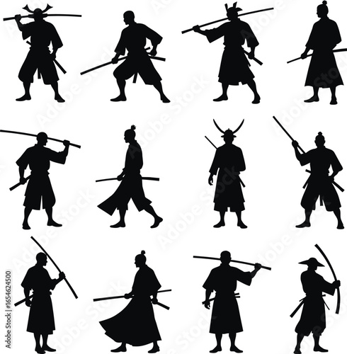 Twelve samurai silhouettes weaponry poses japan