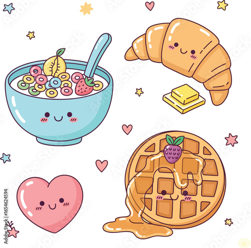 Cute breakfast food characters smiling cheerfully on white surface with hearts and stars, creating a sweet and playful morning scene.