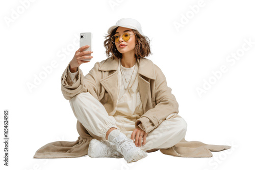 Cozy style girl portrait with her mobile phone and happy expression for on transparent background