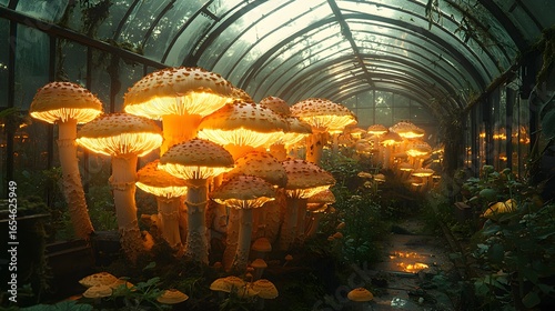 A digital painting of an abandoned greenhouse, with a pathway lined by massive, luminous, glowing mushrooms, their warm light illuminating the broken, overgrown surroundings in a fantastical way