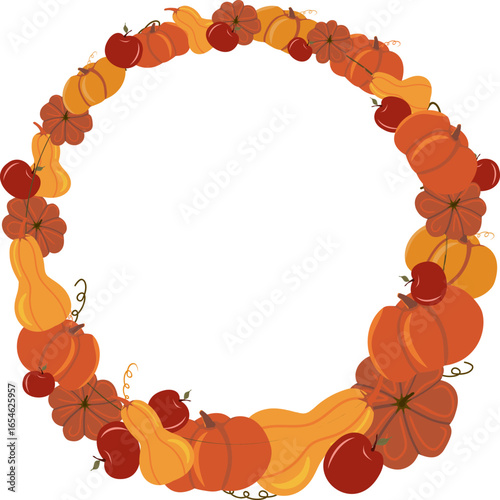 Decorative circular wreath of various cheerful pumpkins and red apples in vibrant autumn colors. Ideal for harvest festival invitations, fall event flyers, or seasonal home decor designs.