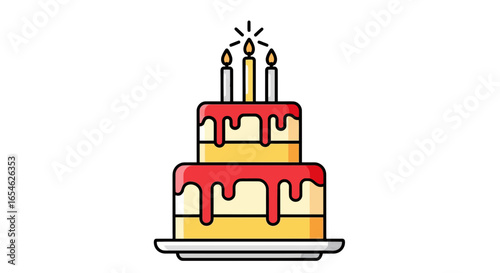 Vector art of a two tiered birthday cake with red frosting and three lit candles is a festive dessert for a special occasion