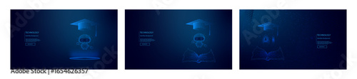 Artificial Intelligence Education Concept with Digital Robot, Graduation Cap, and Open Book. Futuristic Learning Technology and Innovation Background in Dark Blue.