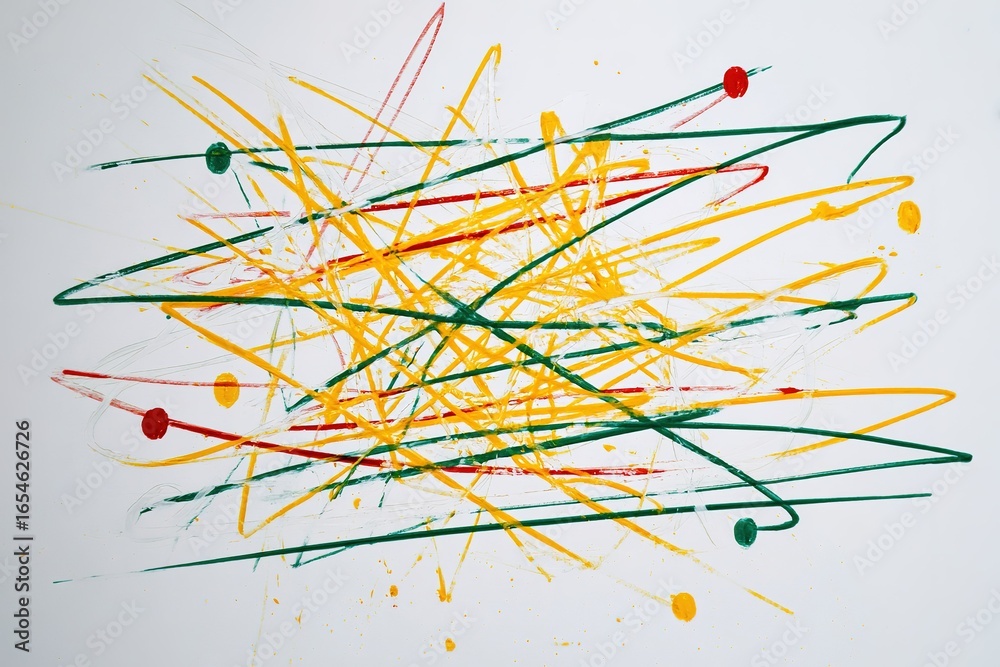 Fototapeta premium Colorful abstract artwork featuring chaotic lines and dots created with a variety of paint colors and techniques