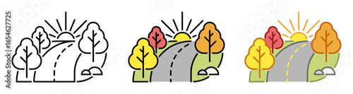 Fall foliage icon illustration. Autumn road landscape. Line and fill icons. Outline, filled, and color versions. Vector drawing with editable stroke. Isolated on transparent background.