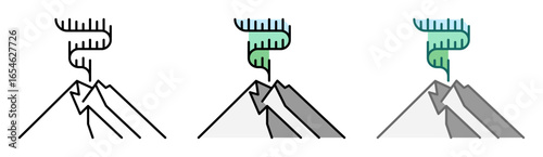 Northern lights icon illustration. Line and fill icons. Outline, filled, and color versions. Vector drawing with editable stroke. Isolated on transparent background.