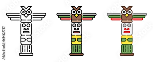 Totem pole icon illustration. Line and fill icons. Outline, filled, and color versions. Vector drawing with editable stroke. Isolated on transparent background.