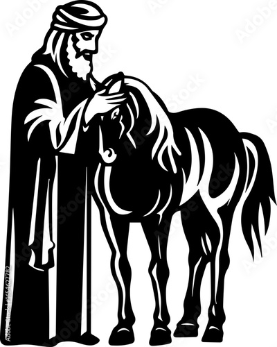 Touching moment, Man cares for horse, bonding and affection in monochrome art