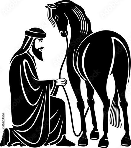 Gentleman tending loyal horse with care in classic style