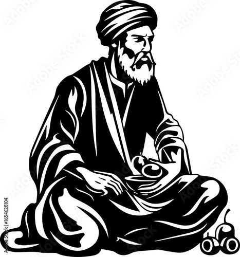 Wise scholar in traditional robes contemplating knowledge, historical figure