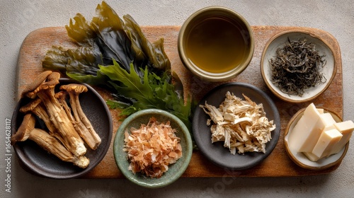 Ingredients for Dashi Stock Preparation on Wooden Board