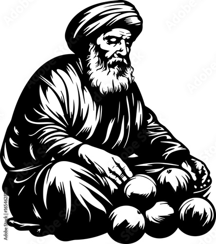 Wise elder with flowing beard and turban offers fruits, conveying tradition and generosity
