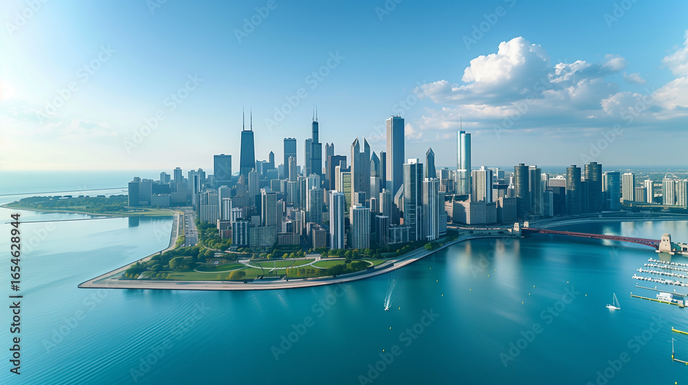Naklejka premium Chicago skyline aerial drone view from above, lake Michigan and city of Chicago downtown skyscrapers cityscape bird's view from park