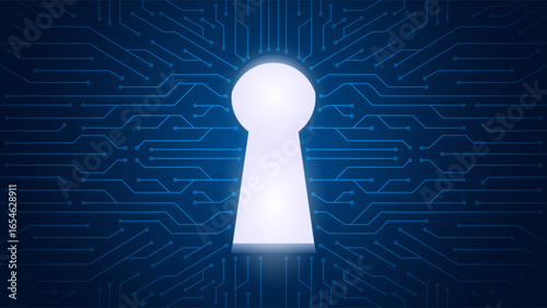 Keyhole with electronic line for unlock powerful potential business concept. Big data success secret and innovation technology. Entrance door to opportunity vision conceptual blue background.