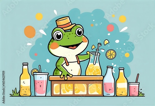 A cheerful cartoon frog wearing a hat, mixing lemonade at a bar.
