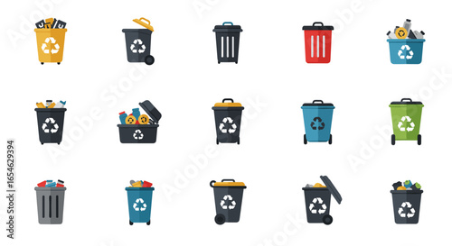 Various recycling and trash bins in flat style for environmental awareness