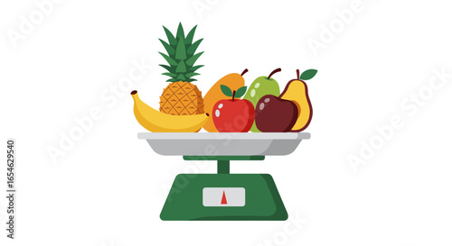 Colorful fruits on vintage kitchen scale in modern flat design
