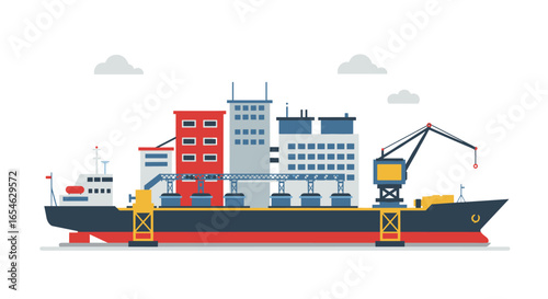 Cargo ship docked at urban port with industrial buildings and cranes