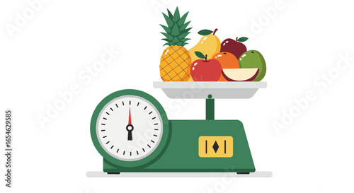 Colorful fruits on kitchen scale in flat style