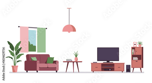 Modern living room design with sofa, tv, and indoor plants in minimalist style