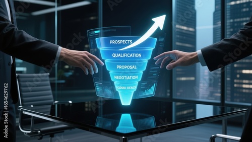 A businesswomen at glass table using glowing cro funnel with sales stages and upward arrow, conversion rate optimization technology, cro, lead generation