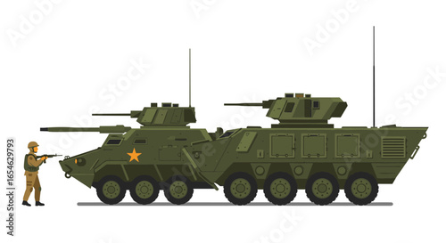 Military armored vehicle and soldier illustration in flat design