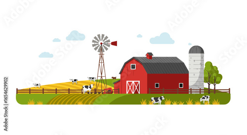 Charming barnyard scene with red barn, windmill, and grazing cows in flat design