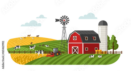 Picturesque farm landscape with red barn, windmill, and animals in rolling hills scene